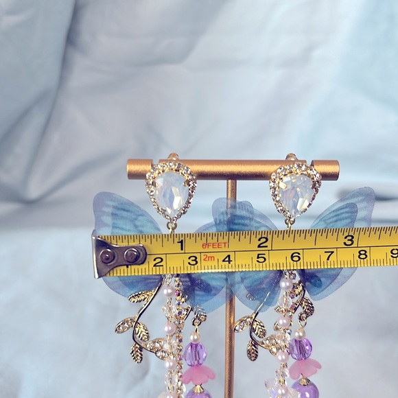 Fairy Core Long Faux Pearl Clear AB Crystal Butterfly Twig Design Dangle Earring - Picture 6 of 6